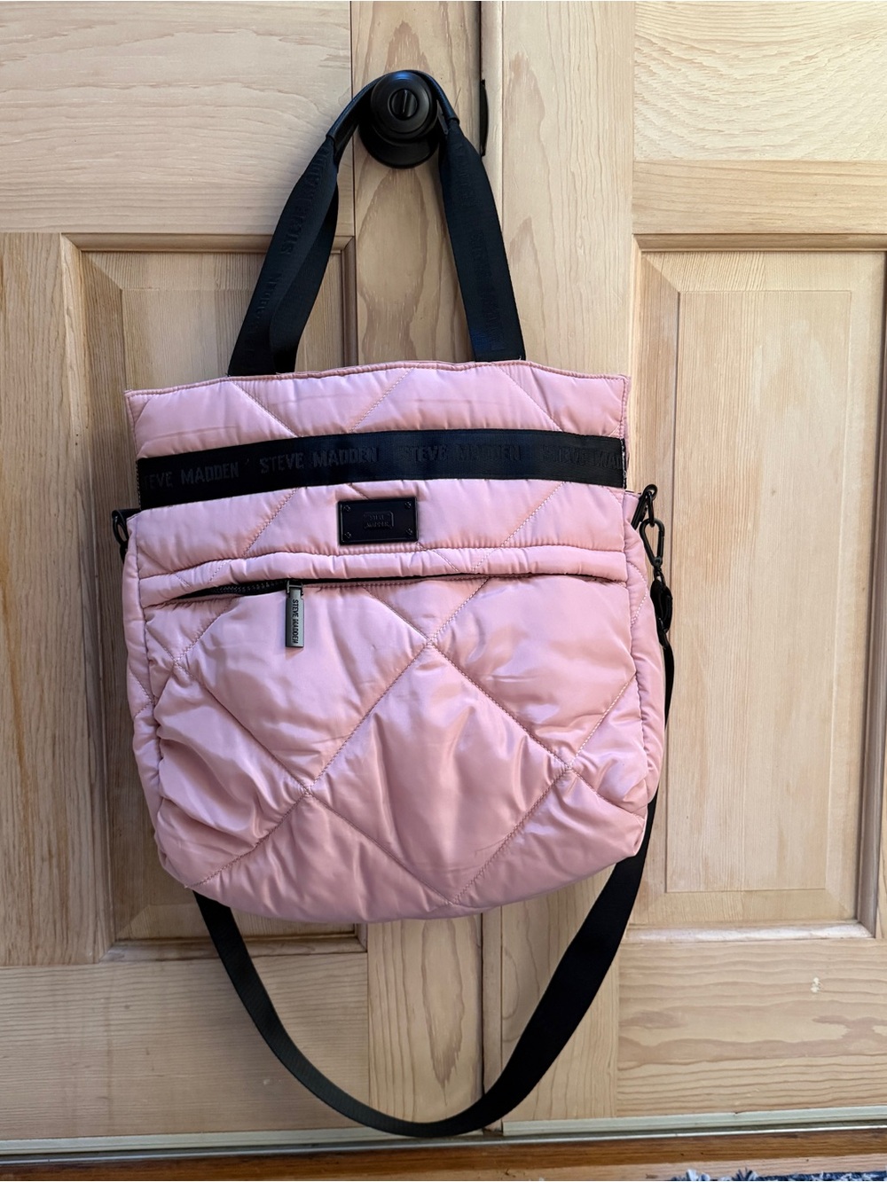 Steve Madden Pink Quilted Tote with Black Straps